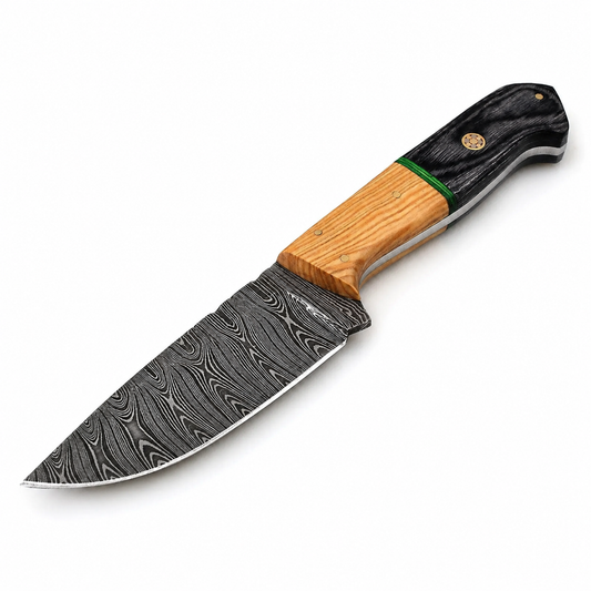 Damascus Hunting Knife Leather Sheath, Olive Wood Handle Full Tang Bushcraft Camping Blade Gift for Him Handforged Fixed Blade Skinner Knife