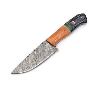 Damascus Hunting Knife Leather Sheath, Olive Wood Handle Full Tang Bushcraft Camping Blade Gift for Him Handforged Fixed Blade Skinner Knife