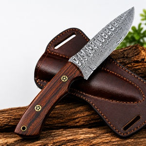 Damascus Fixd Blade Hunting Knife with Scout Carry Leather Sheath, Rosewood Handle Skinning Knives with Mosaic Pins, 9 Inch Bushcraft Camping Blade Skinner Knife, Gift for Him