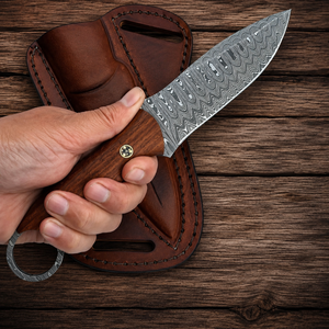 Handmade Damascus Steel Hunting Knife with Leather Sheath Ring Pommel Tracker Knife Fixed Blade Scout Carry Bushcraft Skinner Knife Gift for Him
