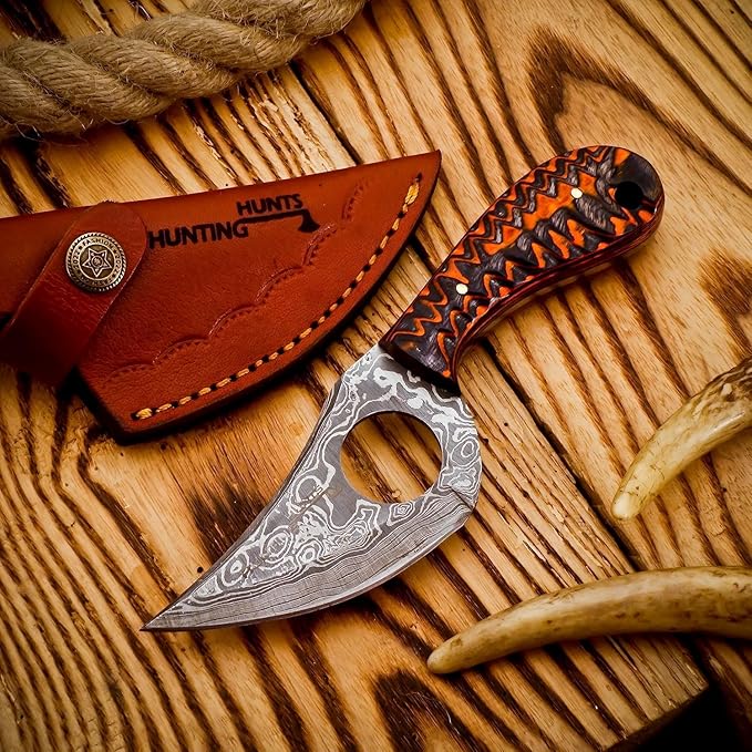 Handmade Damascus Skinning Knife with Leather Sheath 7” Fixed Blade Hunting Knife Bushcraft EDC Gift for Him Custom Skinner Knife