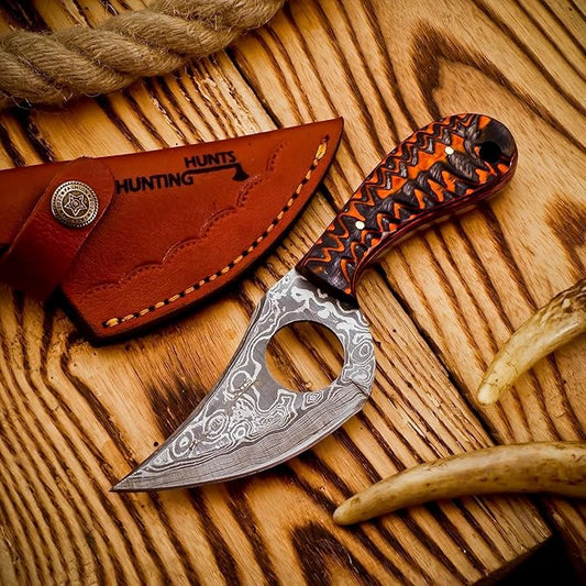 Handmade Damascus Skinning Knife with Leather Sheath 7” Fixed Blade Hunting Knife Bushcraft EDC Gift for Him Custom Skinner Knife