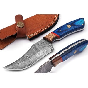 Damascus Hunting Knife with Leather Sheath, Blue Rosewood Handle Skinner Knives Fixed Blade Bushcraft Camping Knife, Gift for Him