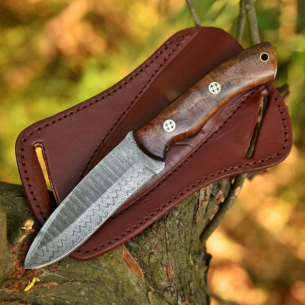 Custom Handmade Damascus Steel Knife, Skinner Knives Gift for Him, Hunting Knife Rosewood Handle Scout carry Leather Sheath, Groomsmen Gift