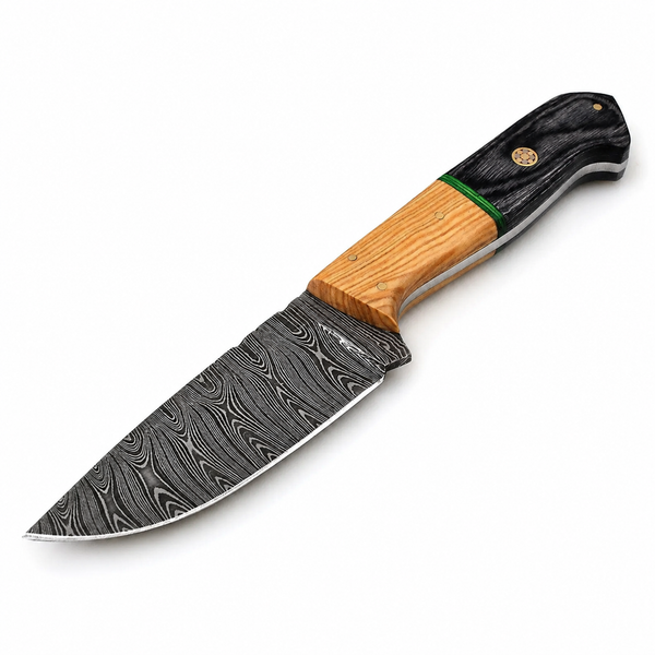 Damascus Hunting Knife Leather Sheath, Olive Wood Handle Full Tang Bushcraft Camping Blade Gift for Him Handforged Fixed Blade Skinner Knife