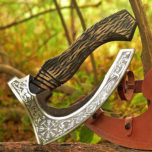Pizza Cutter Viking Pizza Cutter Axe Large Custom Hand Forged Etched Carbon Steel Pizza Slicer Chef Axe with Leather Sheath Gift for Men