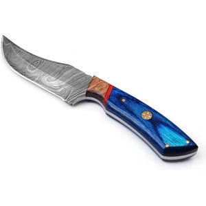 Damascus Hunting Knife with Leather Sheath, Blue Rosewood Handle Skinner Knives Fixed Blade Bushcraft Camping Knife, Gift for Him