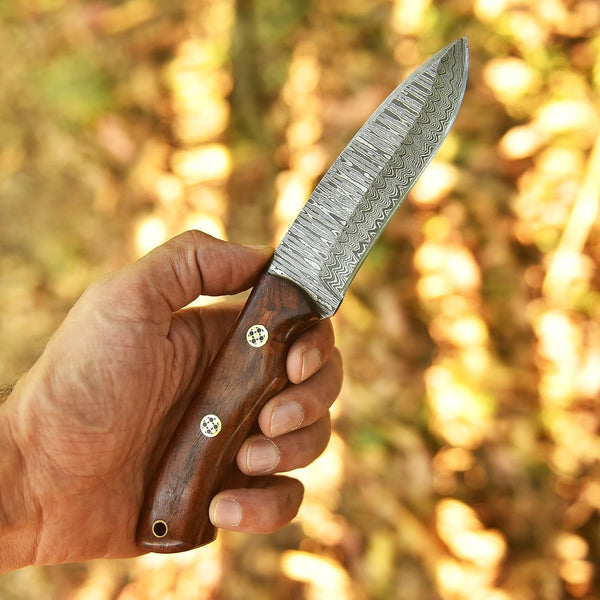 Custom Handmade Damascus Steel Knife, Skinner Knives Gift for Him, Hunting Knife Rosewood Handle Scout carry Leather Sheath, Groomsmen Gift