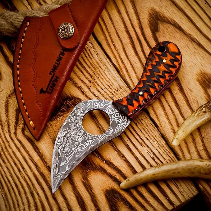 Handmade Damascus Skinning Knife with Leather Sheath 7” Fixed Blade Hunting Knife Bushcraft EDC Gift for Him Custom Skinner Knife