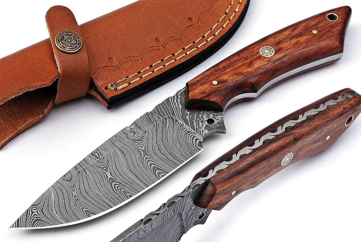 Damascus Hunting Knife Handmade Fixed Blade Knife with Leather Sheath Bushcraft Knife Camping Survival Knife Gift for Men EDC Skinner Knife