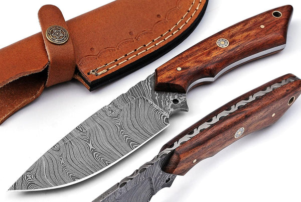 Damascus Hunting Knife Handmade Fixed Blade Knife with Leather Sheath Bushcraft Knife Camping Survival Knife Gift for Men EDC Skinner Knife