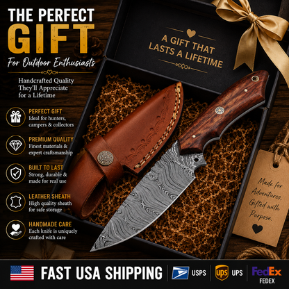 Damascus Hunting Knife Handmade Fixed Blade Knife with Leather Sheath Bushcraft Knife Camping Survival Knife Gift for Men EDC Skinner Knife