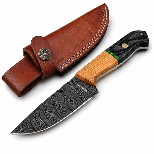 Damascus Hunting Knife Leather Sheath, Olive Wood Handle Full Tang Bushcraft Camping Blade Gift for Him Handforged Fixed Blade Skinner Knife