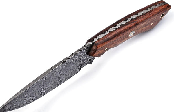Damascus Hunting Knife Handmade Fixed Blade Knife with Leather Sheath Bushcraft Knife Camping Survival Knife Gift for Men EDC Skinner Knife