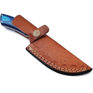Damascus Hunting Knife with Leather Sheath, Blue Rosewood Handle Skinner Knives Fixed Blade Bushcraft Camping Knife, Gift for Him