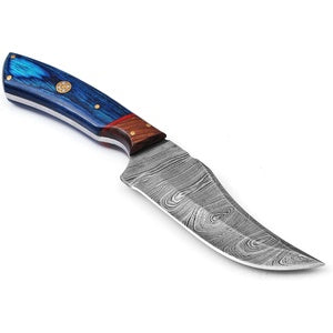 Damascus Hunting Knife with Leather Sheath, Blue Rosewood Handle Skinner Knives Fixed Blade Bushcraft Camping Knife, Gift for Him