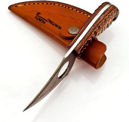 Handmade Damascus Skinning Knife with Leather Sheath 7” Fixed Blade Hunting Knife Bushcraft EDC Gift for Him Custom Skinner Knife