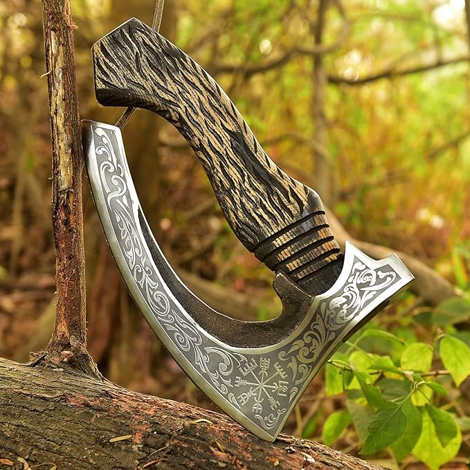 Pizza Cutter Viking Pizza Cutter Axe Large Custom Hand Forged Etched Carbon Steel Pizza Slicer Chef Axe with Leather Sheath Gift for Men