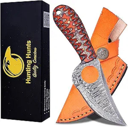 Handmade Damascus Skinning Knife with Leather Sheath 7” Fixed Blade Hunting Knife Bushcraft EDC Gift for Him Custom Skinner Knife