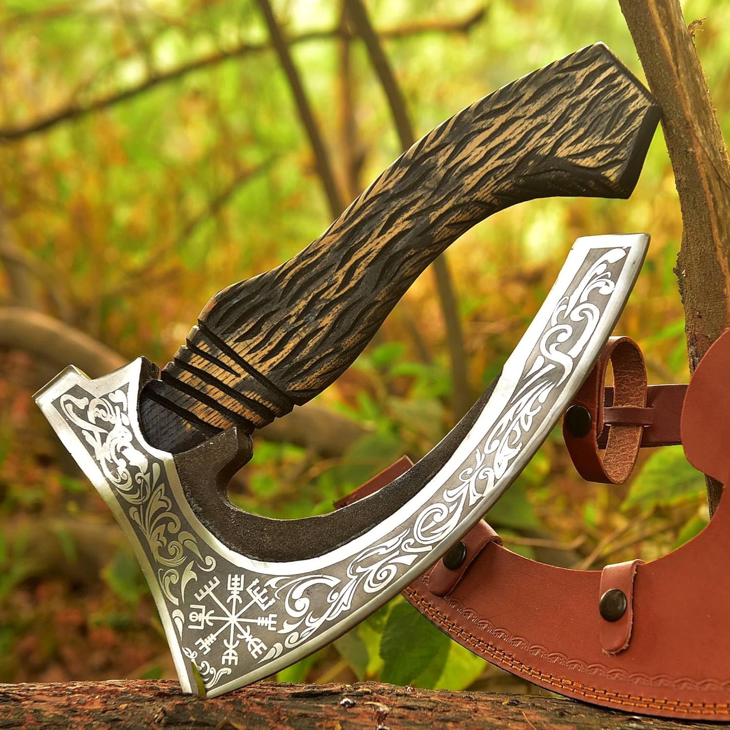 Pizza Cutter Viking Pizza Cutter Axe Large Custom Hand Forged Etched Carbon Steel Pizza Slicer Chef Axe with Leather Sheath Gift for Men